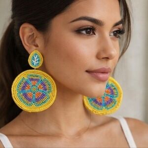 Kay Lee Yellow Circle Floral Glass Beaded Earrings New